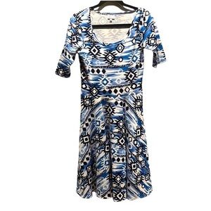 Lularoe Nicole Dress Navy Blue Geometric Aztec Style Print Size Small (6-8)